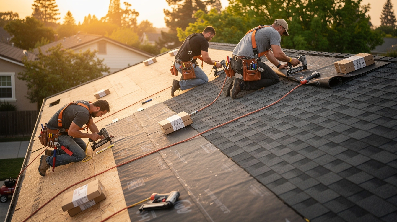 Roofing crew installing architectural shingles on a Sacramento suburban home at golden hour with mature oak trees in background